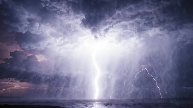 A breathtaking display of nature's power unfolds in this striking video, showcasing intense lightning strikes illuminating dark storm clouds over a tumultuous sky.