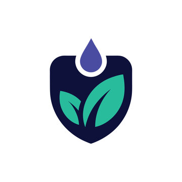 Modern eco friendly shield logo icon with mint green leaves and a purple water droplet, environmental protection and conservation concept vector illustration