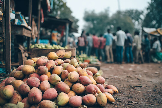 Mangoes Pile at Market Stall with People in Background, India