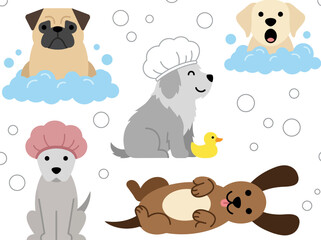 Fototapeta premium Cute Cartoon Dogs Bath Time Vector Illustration with Bubbles and Grooming Accessories