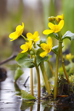 Vibrant Yellow Marsh Marigolds Blooming in Shallow Water.