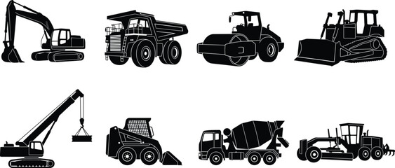 Heavy Construction Machinery Icons Set with Excavator, Bulldozer, Dump Truck and Crane Silhouettes © MD JAHID