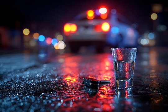 Drunk Driving Accident Scene with Police Lights and Shot Glass on Wet Road.