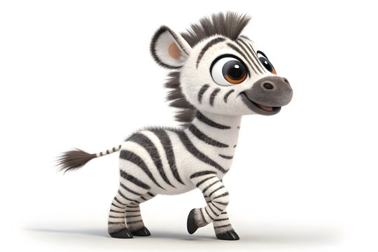 Cute cartoon zebra cub walking happily with expressive eyes