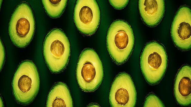 Freshly Sliced Avocados Patterned on a Dark Green Background.