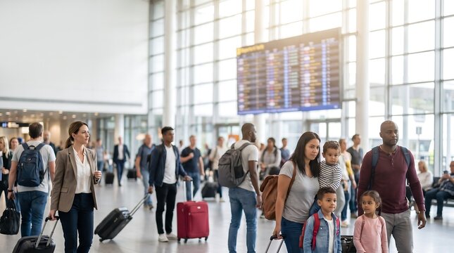 Diverse Family and Travelers Walking in Sunlit Airport Terminal near Departure Board