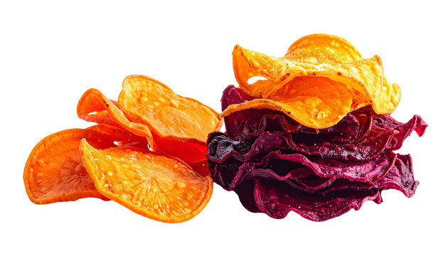Healthy Vegetable Chips Stack: Beetroot and Carrot Crisps isolated on solid white background
4