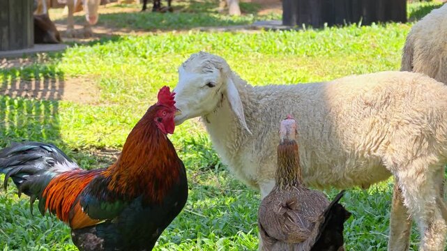 Farm animals. Chickens, cocks and sheeps on a grass field at animal farm.