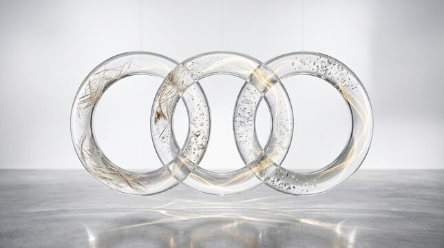Three interlocking transparent glass rings suspended in a minimalist studio, featuring organic fibers, crystalline fragments, and glowing golden light trails on a reflective floor