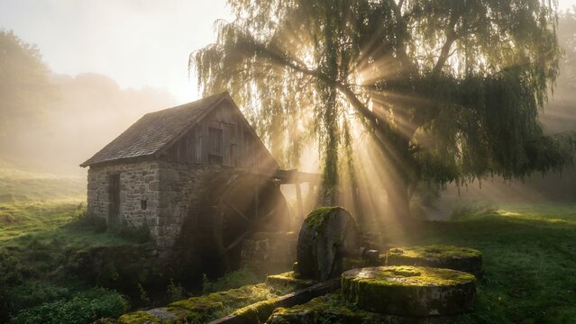 Enchanting Water Mill in Misty Morning Sunburst
