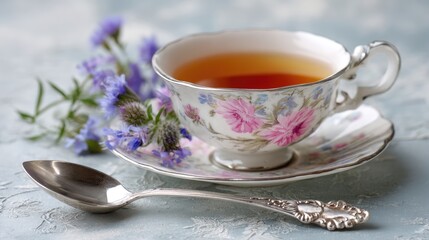 Fototapeta premium A delicate porcelain teacup filled with amber tea sits on a matching saucer, accompanied by a silver spoon and a small sprig of purple wildflowers.