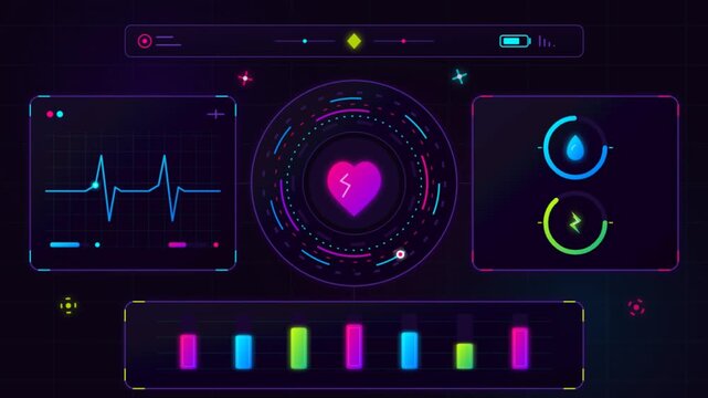 Futuristic medical HUD interface with heart rate monitor, digital health dashboard with neon vital signs, sci-fi biometric data visualization