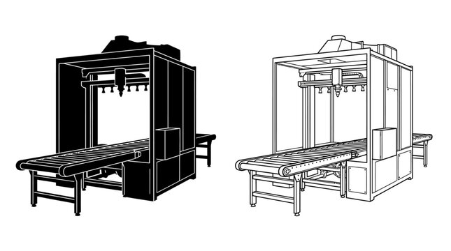 Industrial packaging machine illustration black and white line art on white background