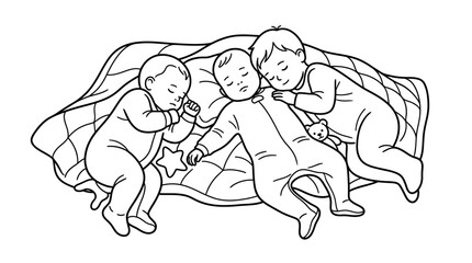 Three sleeping babies under a blanket black and white line drawing
