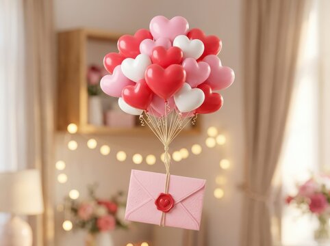A pink love letter envelope hanging from a bunch of red and pink heart shaped balloons in a warm cozy room with soft lights