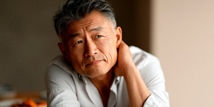 Thoughtful mature man touching neck and looking at camera indoors, showing fatigue, tension, discomfort and reflective mood with copy space