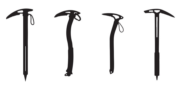 Isolated professional black silhouettes of ice axes for mountaineering and ice climbing equipment