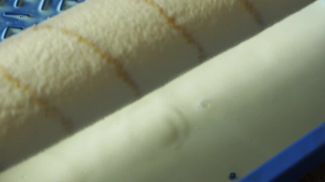 Close up of paint roller soaking primer liquid in plastic tray