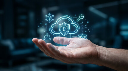 Fototapeta premium Hand holding digital cloud security hologram. Futuristic data protection and cyber network concept in palm display.