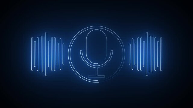 Glowing Blue Neon Voice Recognition Microphone with Animated Audio Frequency Waves, Futuristic Sound Input Interface, Modern Voice Assistant Technology Motion Graphics Loop in 4K Background.