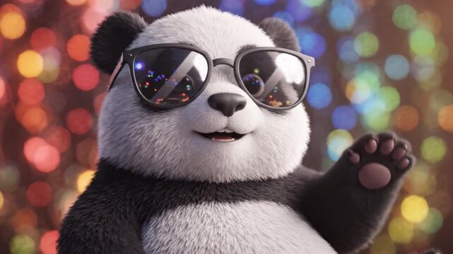 A Playful Panda in Stylish Sunglasses Enjoys a Colorful Celebration, Radiating Joy and Fun in a Festive Atmosphere Filled with Bright Lights.