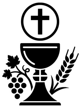Eucharist chalice icon flat vector illustration cross host grape and wheat symbol black silhouette for catholic mass design