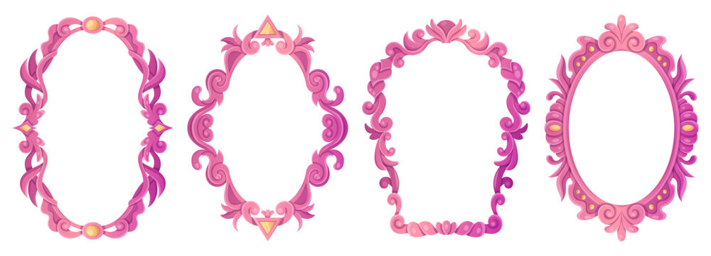 Ornate baroque frame with elegant border and vintage Victorian style. Antique mirror design with pink gradient ornament and floral decorations for wedding gallery or fantasy picture backgrounds.
