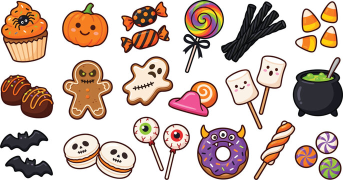 Cute Halloween sweet treat vector collection featuring candy, cupcake, cookie, macaron, and purple monster donut