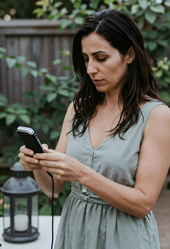 Middle eastern woman setting up bug zapper in garden