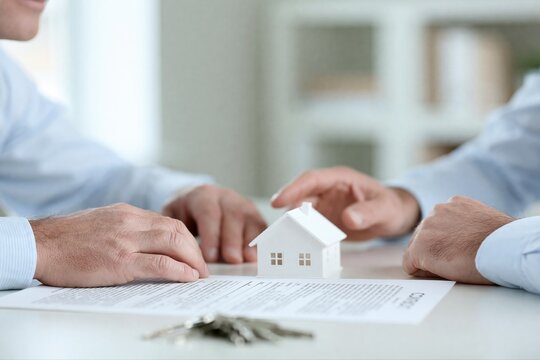 Close-up of hands signing a real estate contract with a miniature house and keys on the table