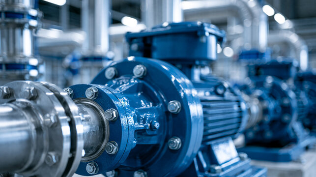 Industrial blue pump motor system in a factory. This heavy equipment represents mechanical engineering and modern manufacturing production processes.