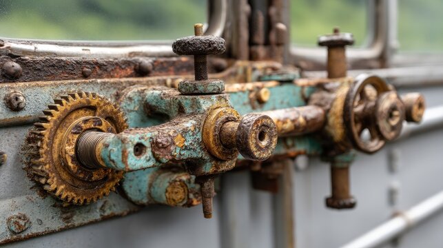 A close-up shot reveals a weathered, antique steam train control panel.