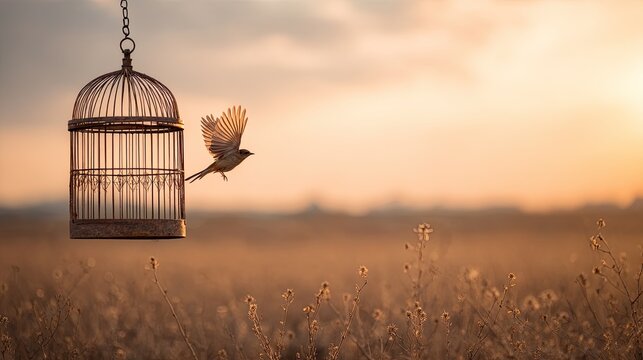 A small sparrow bursts from an open birdcage, soaring upwards towards a vibrant sunset.