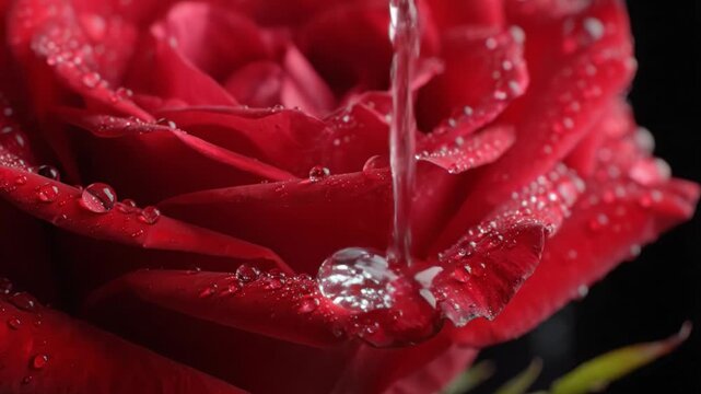 A vibrant red rose adorned with glistening droplets, capturing the essence of beauty and elegance, set against a striking dark background, emphasizing its delicate petals.