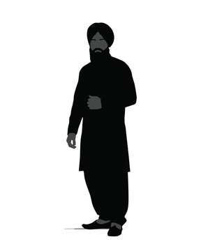 Silhouette of a sikh man wearing a turban and traditional kurta pajama standing in a confident pose isolated on white background