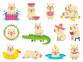 Fototapeta premium Kawaii Capybara Sticker Set: Cute Cartoon Animal Illustrations in Various Playful Poses and Scenarios for Kids Design