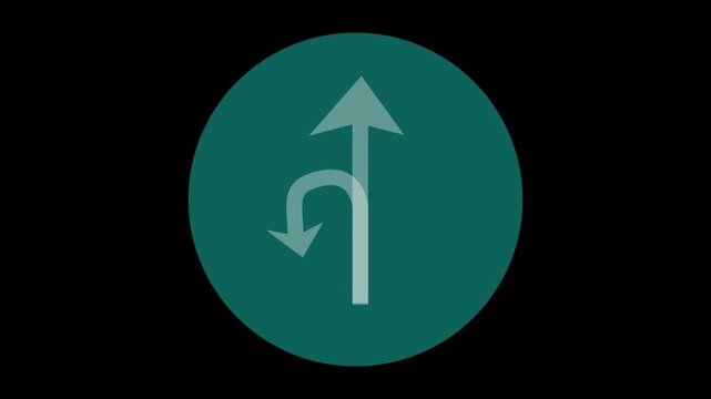 Minimalist directional arrow sign animation, straight and left turn road symbol on teal circle background