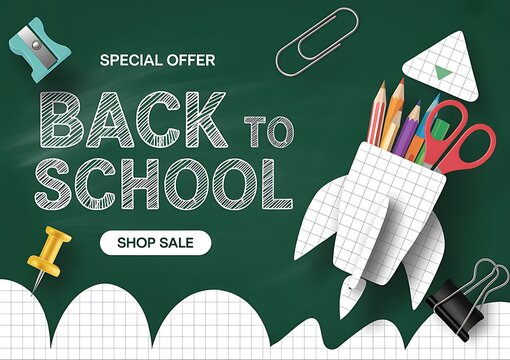 Back to school special offer sale promotional banner with paper craft rocket and colorful school supplies on chalkboard