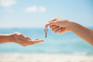 Obraz premium Handing over a single house key on a sunny beach, symbolizing vacation home ownership and transfer