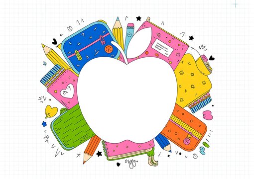 Colorful hand drawn school supplies arranged in a circular apple shape frame on a white background