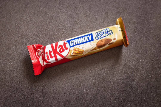 A close-up of a Kit Kat Chunky wafer bar in milk chocolate, in the background. Russia, Moscow, July 24, 2026.