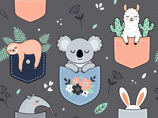 Fototapeta premium Cute Animals in Pockets Seamless Pattern: Koala, Llama, and Sloth for Kids Textiles