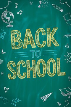 Back to school text written in chalk on a green blackboard with hand drawn educational doodles background