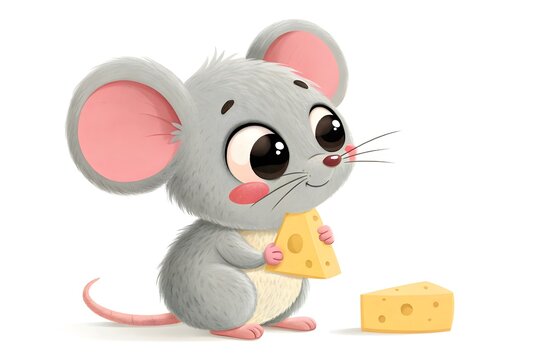 Cute cartoon mouse holding cheese slice with another piece nearby