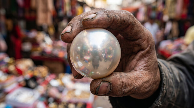 The Parable of the Pearl of Great Price. A merchant holding one breathtakingly perfect, giant pearl, having sold everything he owns