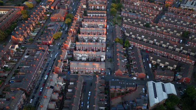 Aerial Video of Terraced Streets in Old Trafford, Manchester at Sunset