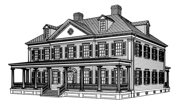 Elegant colonial residence black and white vector with wraparound porch classical columns dormer windows and timeless traditional home architecture