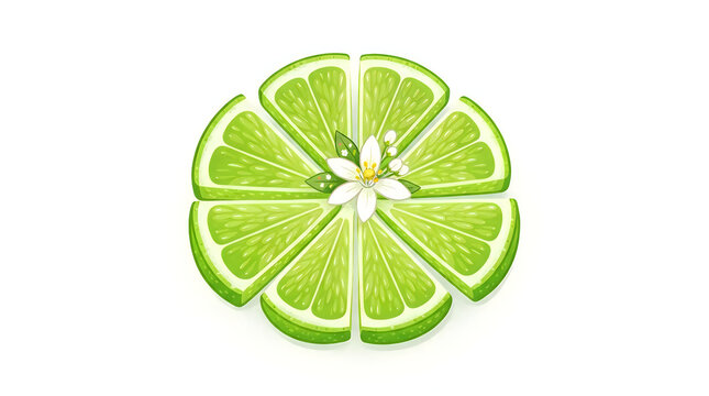 Fresh lime fruit slices arranged in a circle with a flower illustration
