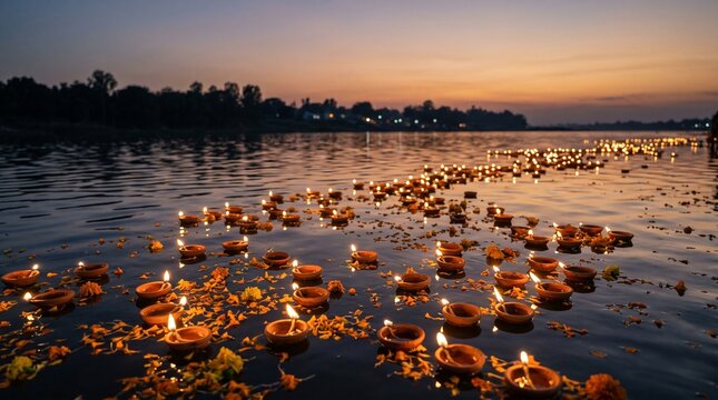 Chhath Puja Floating Diyas on River at Twilight