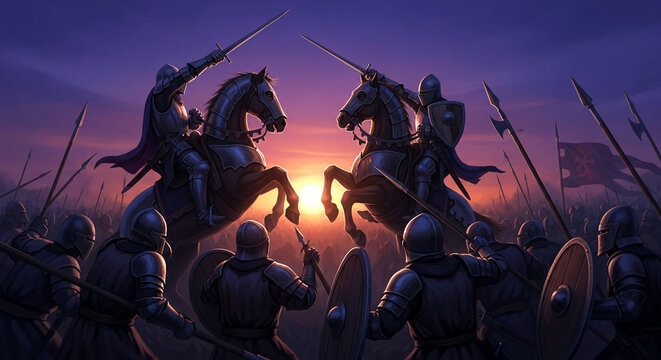 Armored knights on horseback clash with swords amidst a vast army at sunset, symbolizing conflict, battle, and medieval warfare.